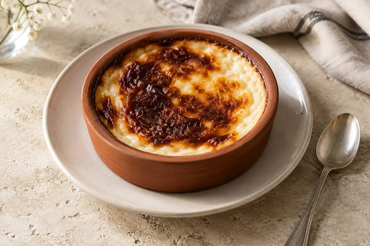 AI-generated image of caramelized baked rice pudding in a terracotta ramekin